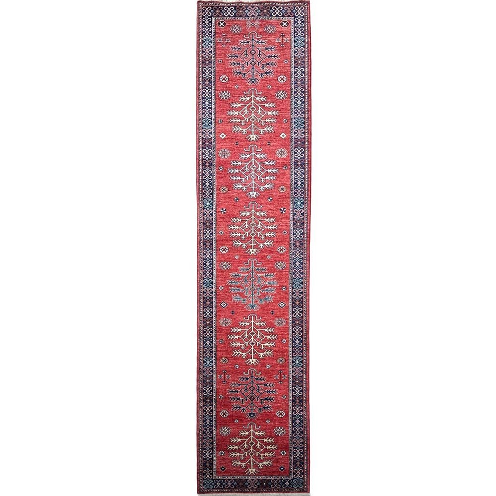 El Dokuma Kırmızı Afgan Kabile Yün Yolluk Halı (85x405 cm)