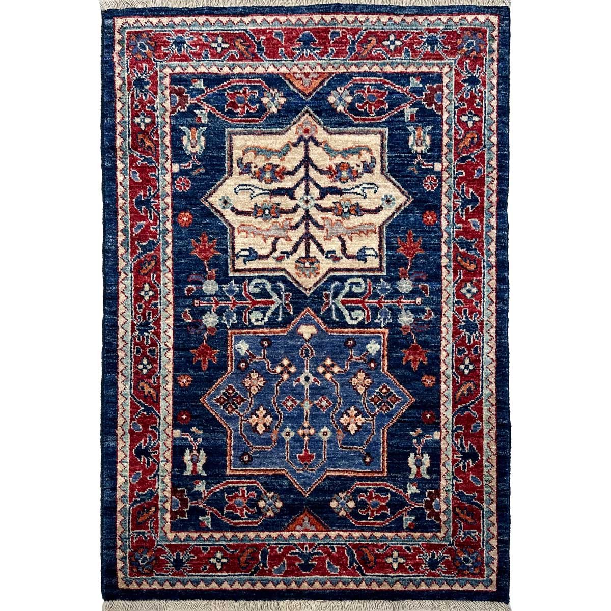El Dokuma Mavi Afgan Kabile Yün Halı (80x120 cm)