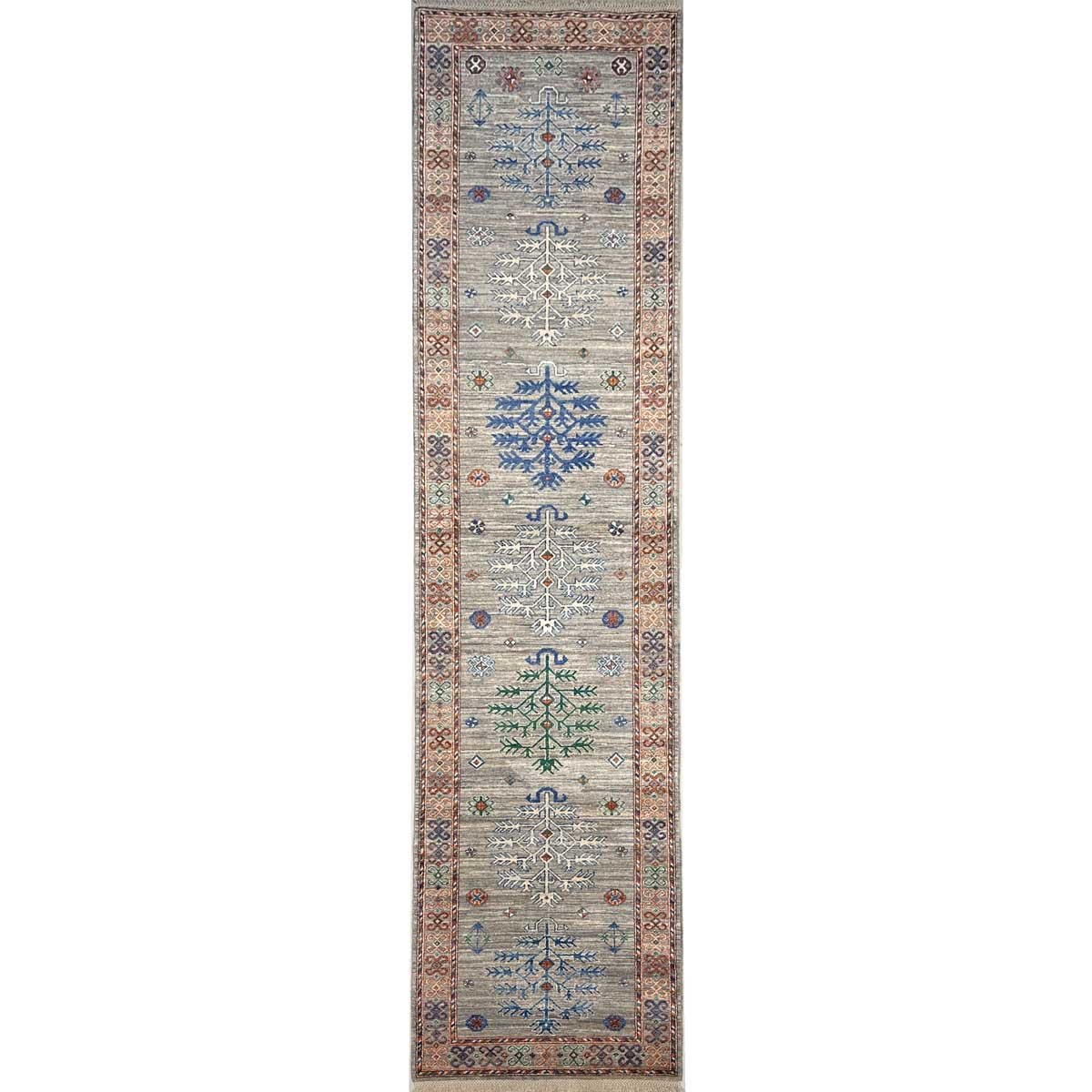 El Dokuma Natural Gri Afgan Kabile Yün Yolluk Halı (85x350 cm)