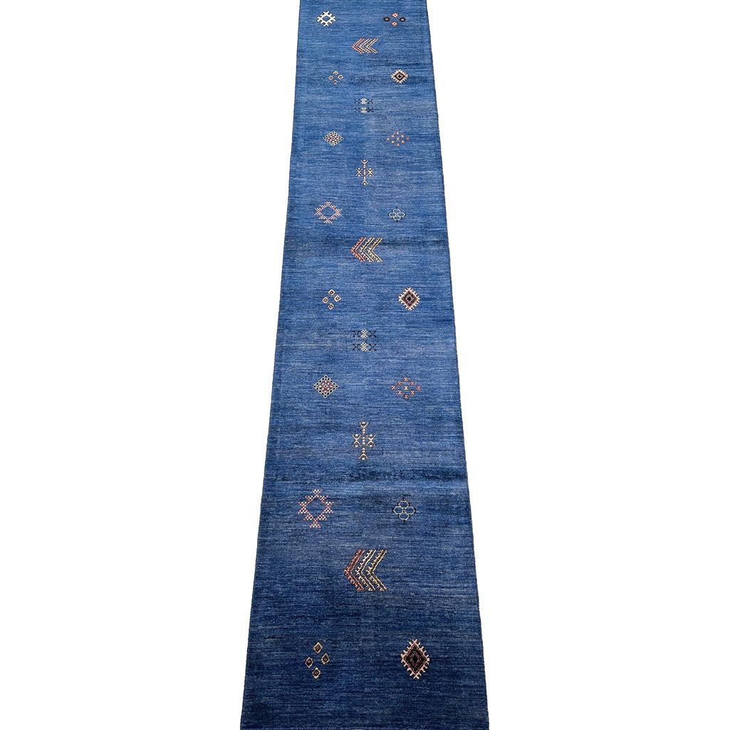 El Dokuma Mavi Modern Yün Yolluk Halı (80x420 cm)