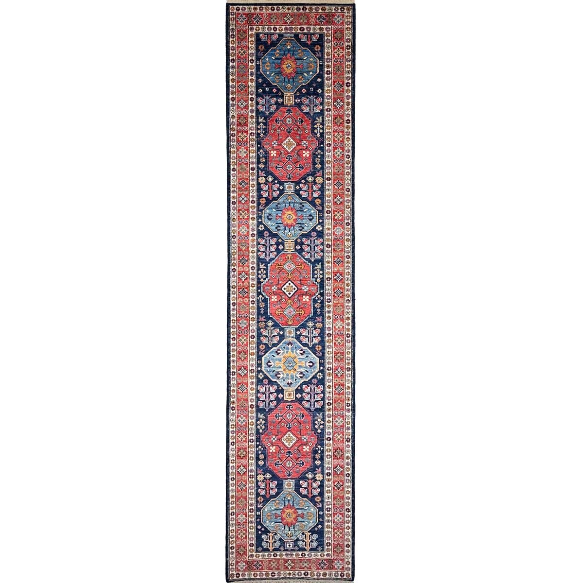 El Dokuma Lacivert Afgan Kabile Yün Yolluk Halı (80x390 cm)