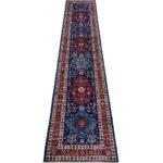 El Dokuma Lacivert Afgan Kabile Yün Yolluk Halı (80x390 cm)