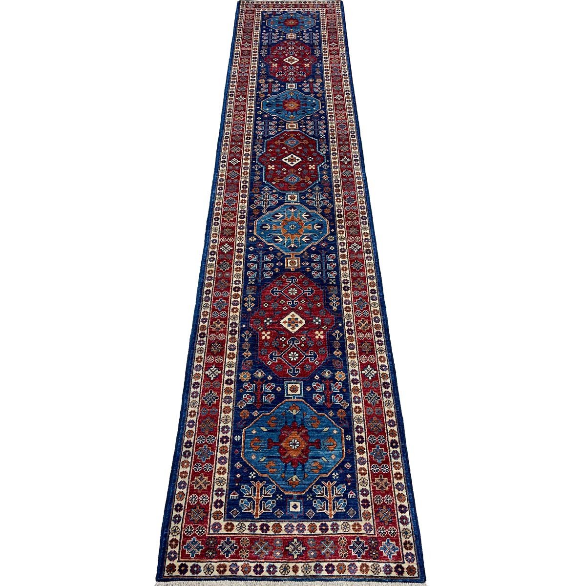 El Dokuma Lacivert Afgan Kabile Yün Yolluk Halı (80x390 cm)