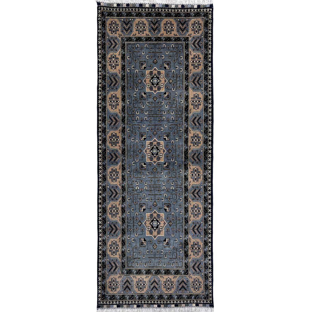 El Dokuma Mavi Afgan Khal Mohammadi Yün Yolluk Halı (90x200 cm)