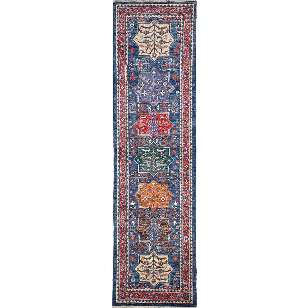 El Dokuma Mavi Afgan Kabile Yün Yolluk Halı (80x300 cm)