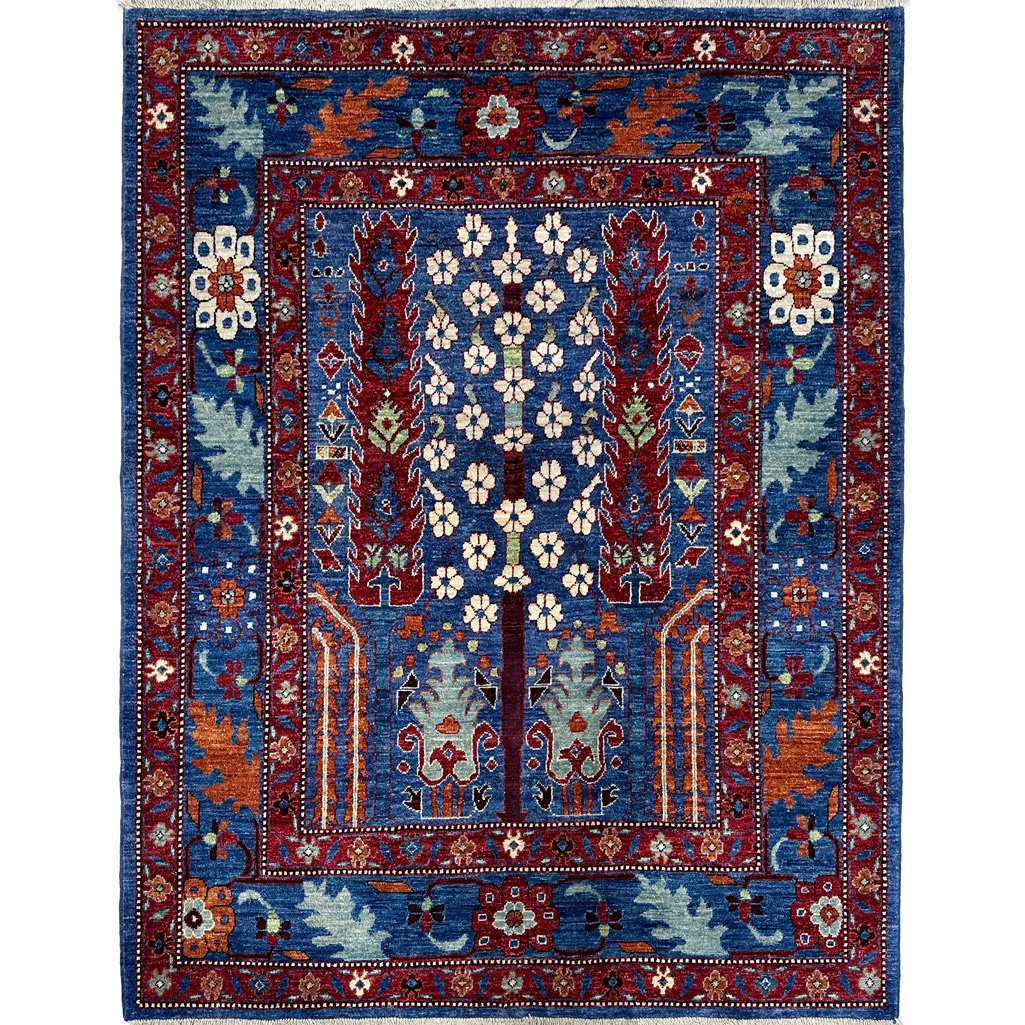 El Dokuma Mavi Ağaç Motifli Afgan Kabile Yün Halı (155x185 cm)