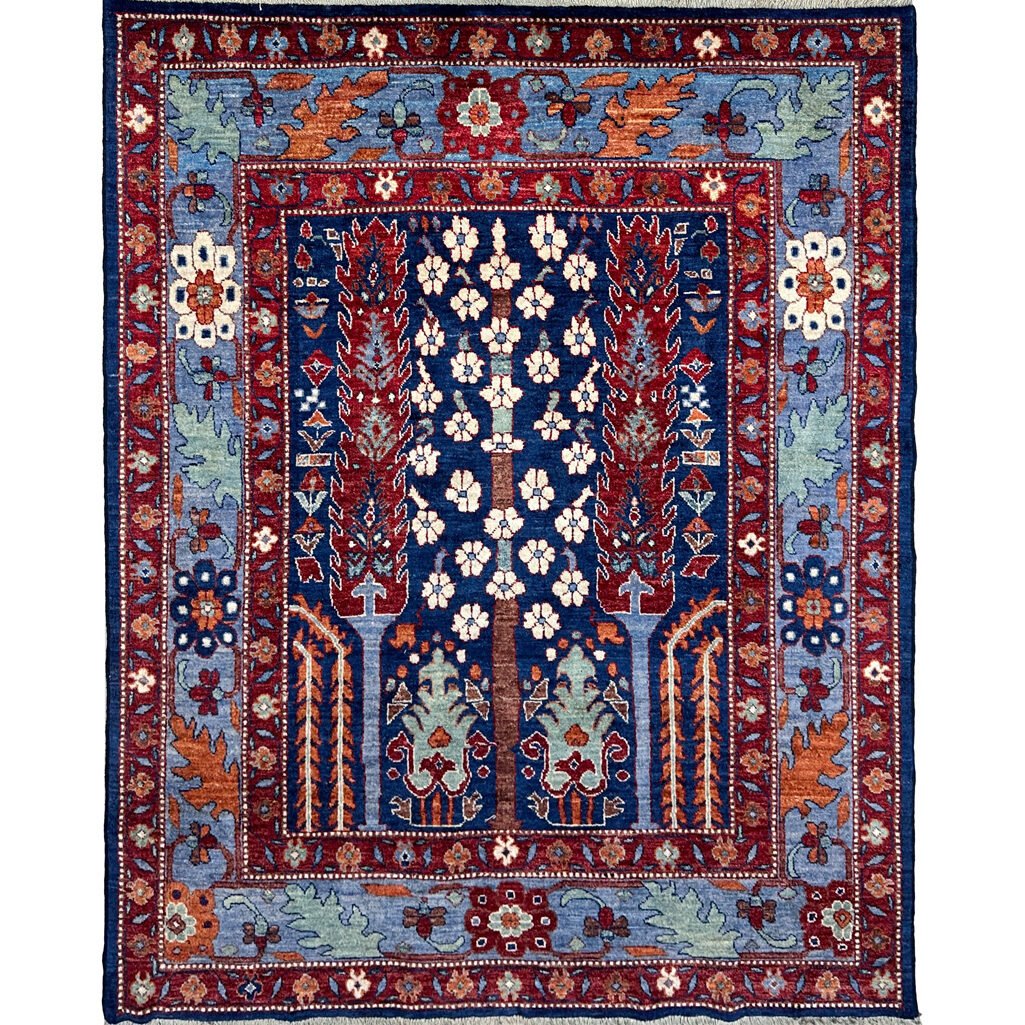 El Dokuma Mavi Ağaç Motifli Afgan Kabile Yün Halı (155x185 cm)