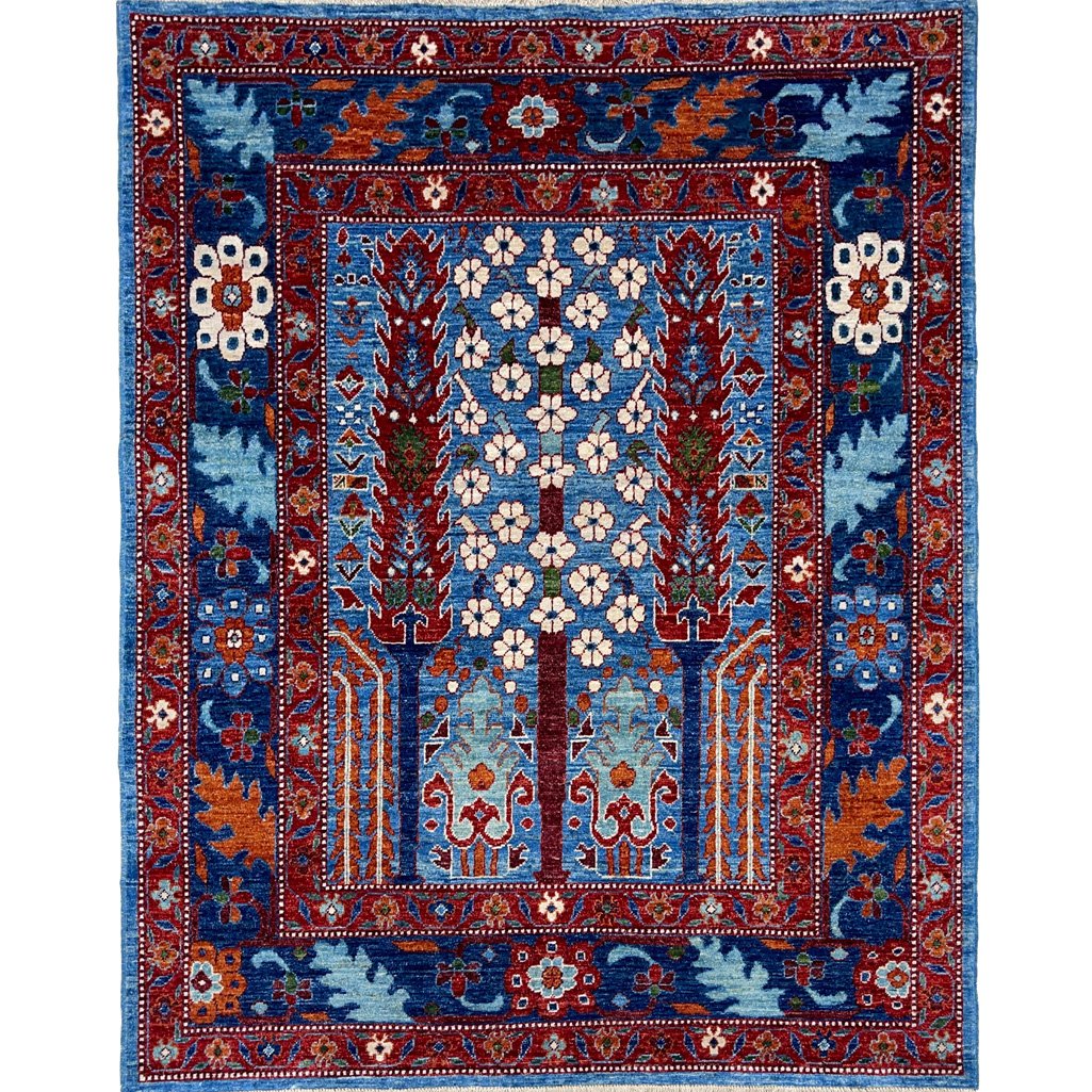 El Dokuma Mavi Ağaç Motifli Afgan Kabile Yün Halı (155x185 cm)