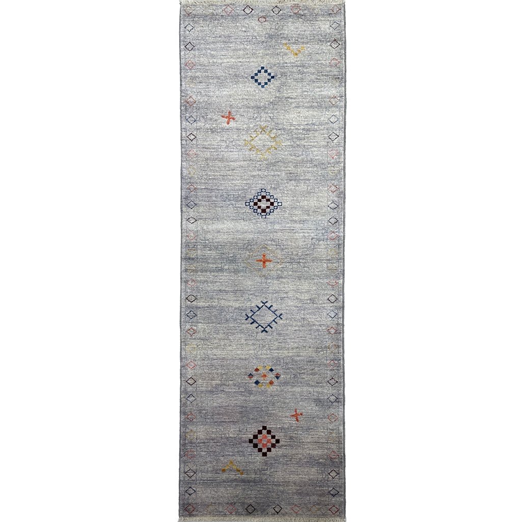 El Dokuma Gri Modern Afgan Yün Yolluk Halı (80x250 cm)