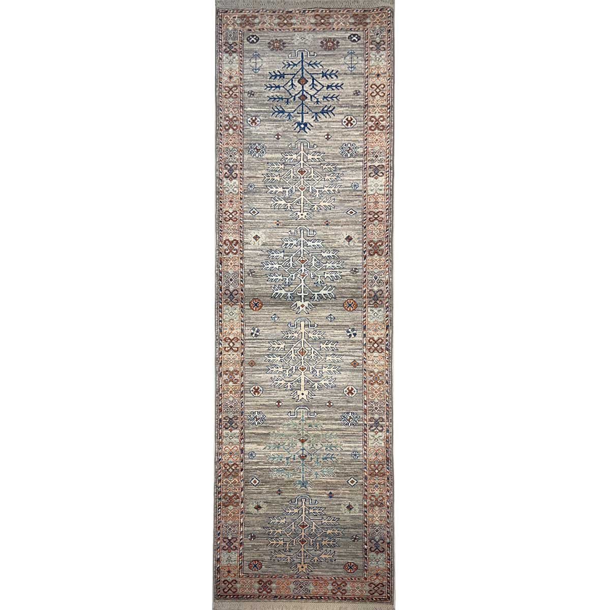 El Dokuma Natural Gri Afgan Kabile Yün Yolluk Halı (85x305 cm)