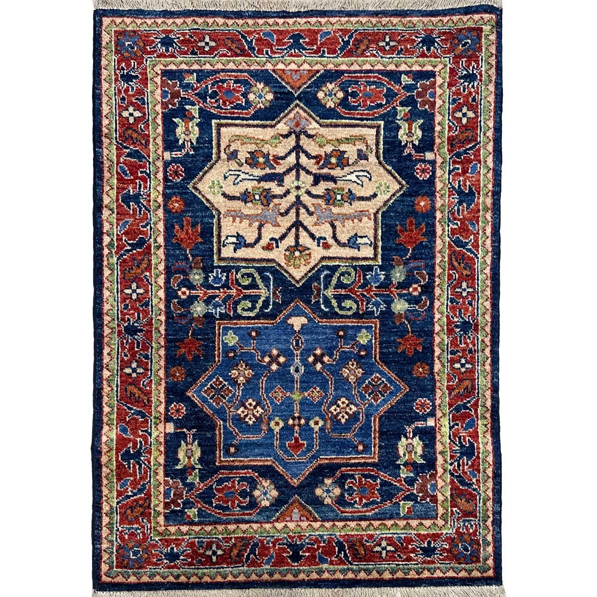 El Dokuma Mavi Afgan Kabile Yün Halı (80x120 cm)