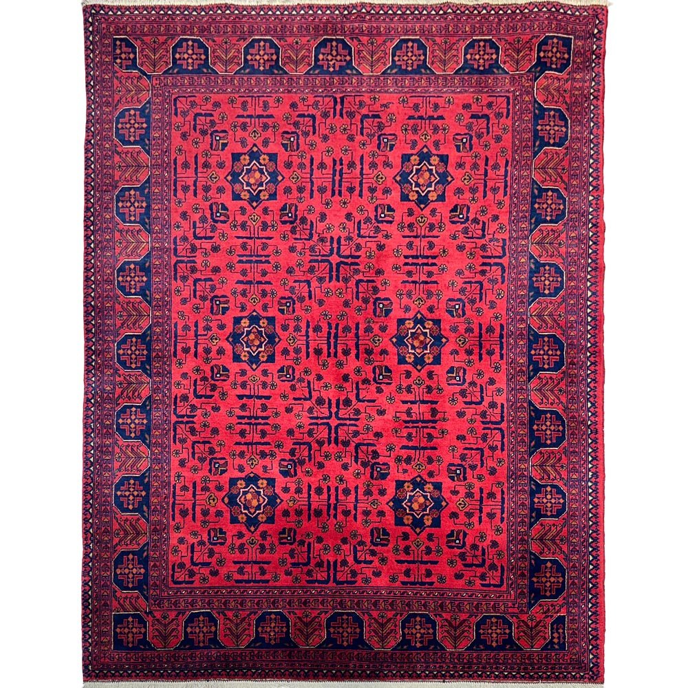 El Dokuma Yıldız Desenli Kırmızı Afgan Yün Halı (150x205 cm)