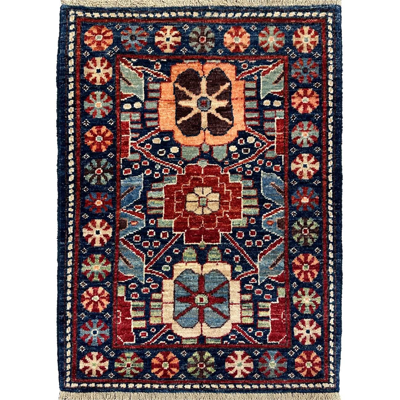 El Dokuma Mavi Afgan Kabile Yün Mini Halı (65x90 cm)