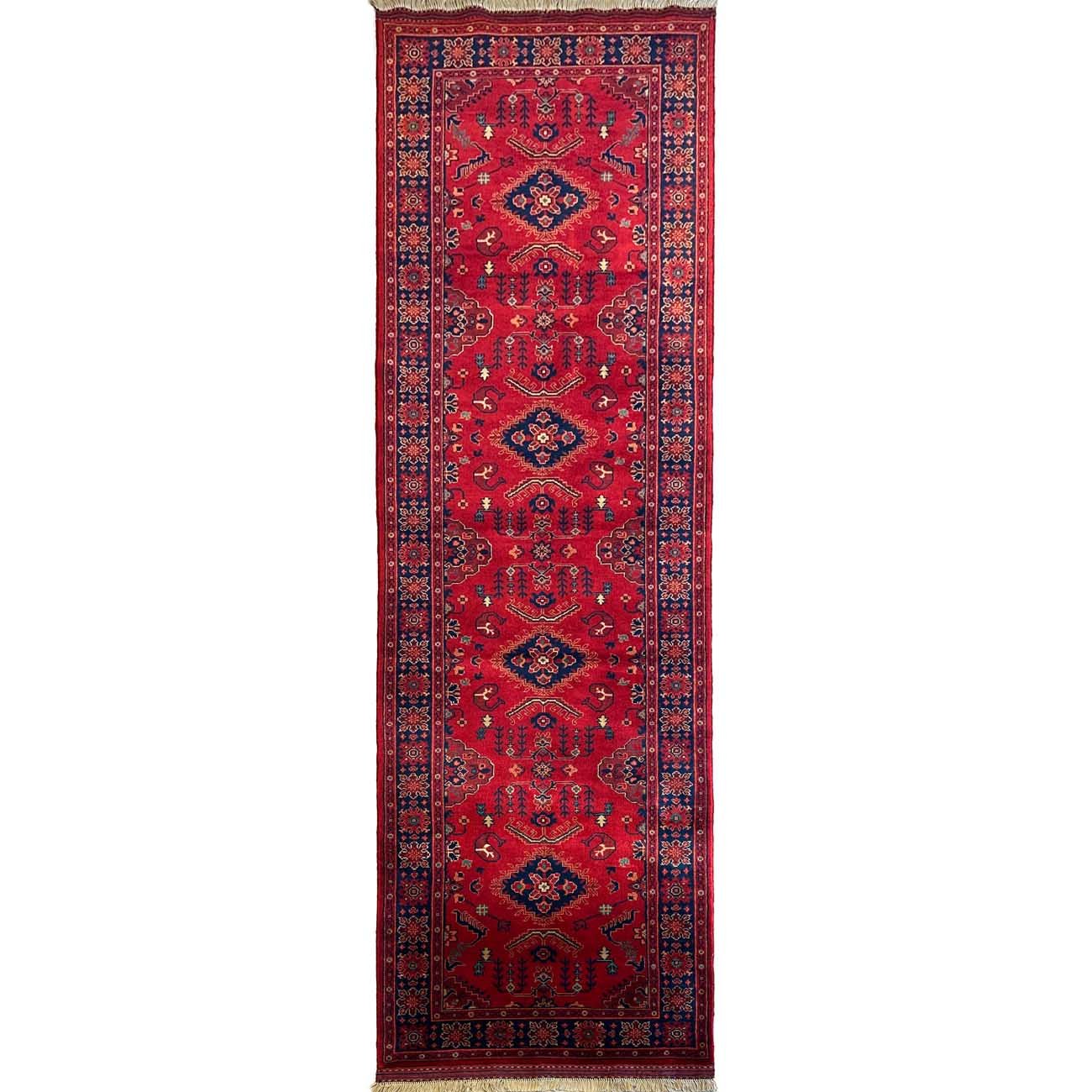 El Dokuma Kırmızı Afgan Yün Yolluk Halı (85x300 cm)