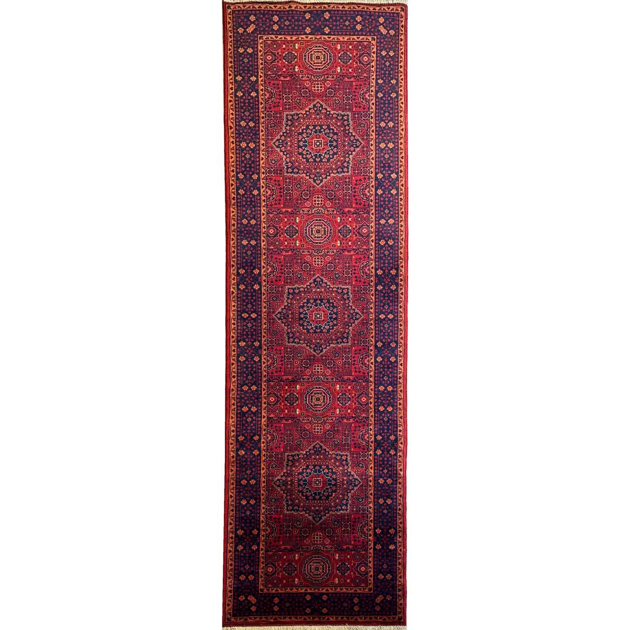 El Dokuma Kırmızı Afghan Memlük Yün Yolluk Halı (85x300 cm)