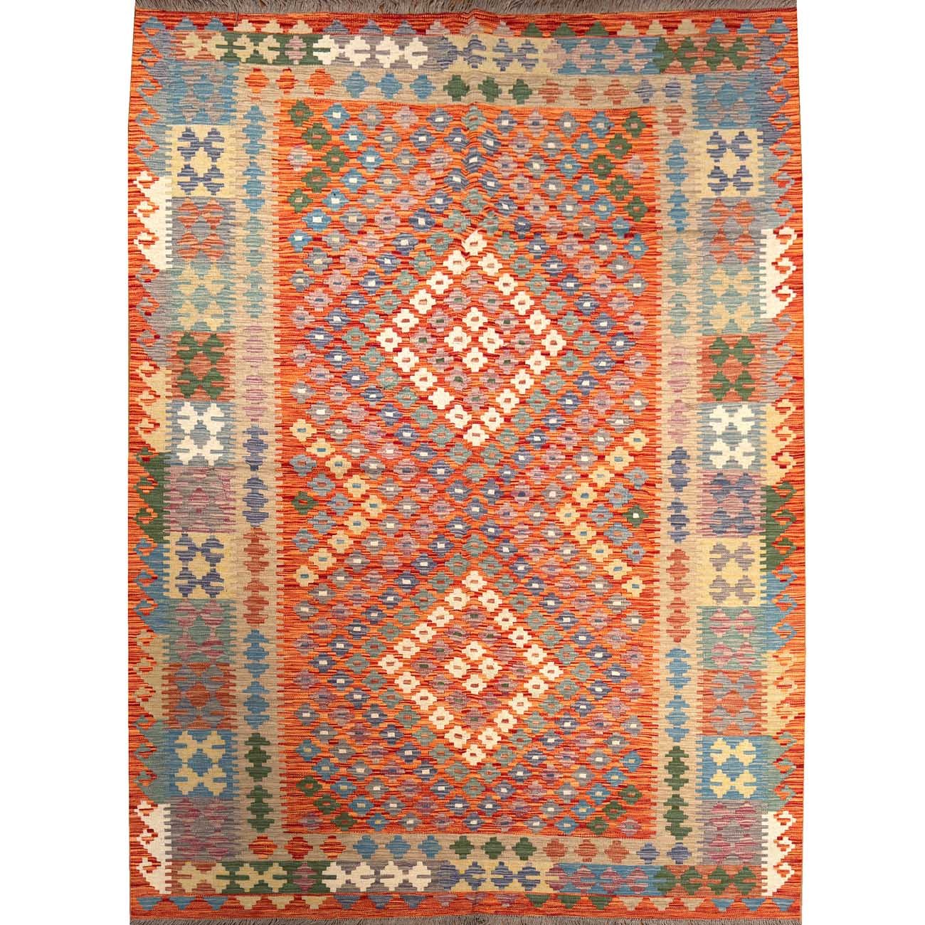 El Dokuma Turuncu Anadolu Desenli Yün Kilim (205x290 cm)