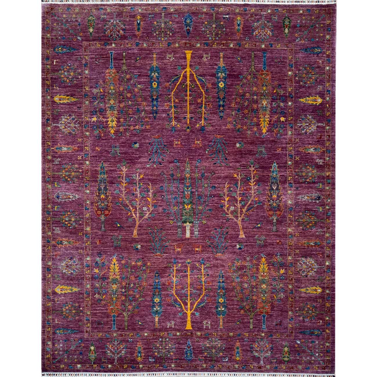 El Dokuma Mor Hayat Ağacı Yün Halı (250x310 cm)