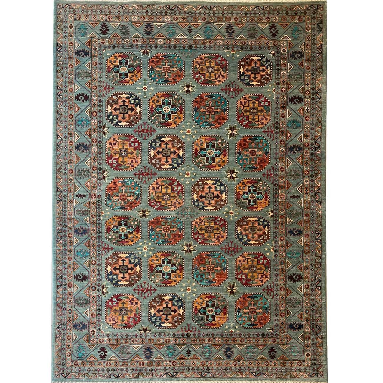 El Dokuma Açık Mavi Ersari Türkmen Yün Halı (210x300 cm)
