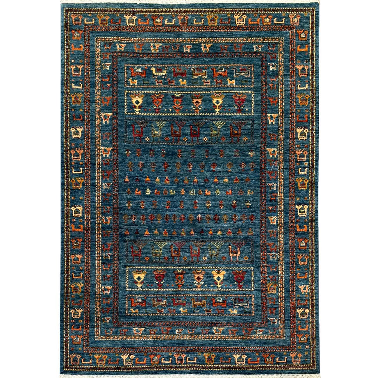 El Dokuma Mavi Figürlü Afgan Kabile Yün Halı (170x245 cm)