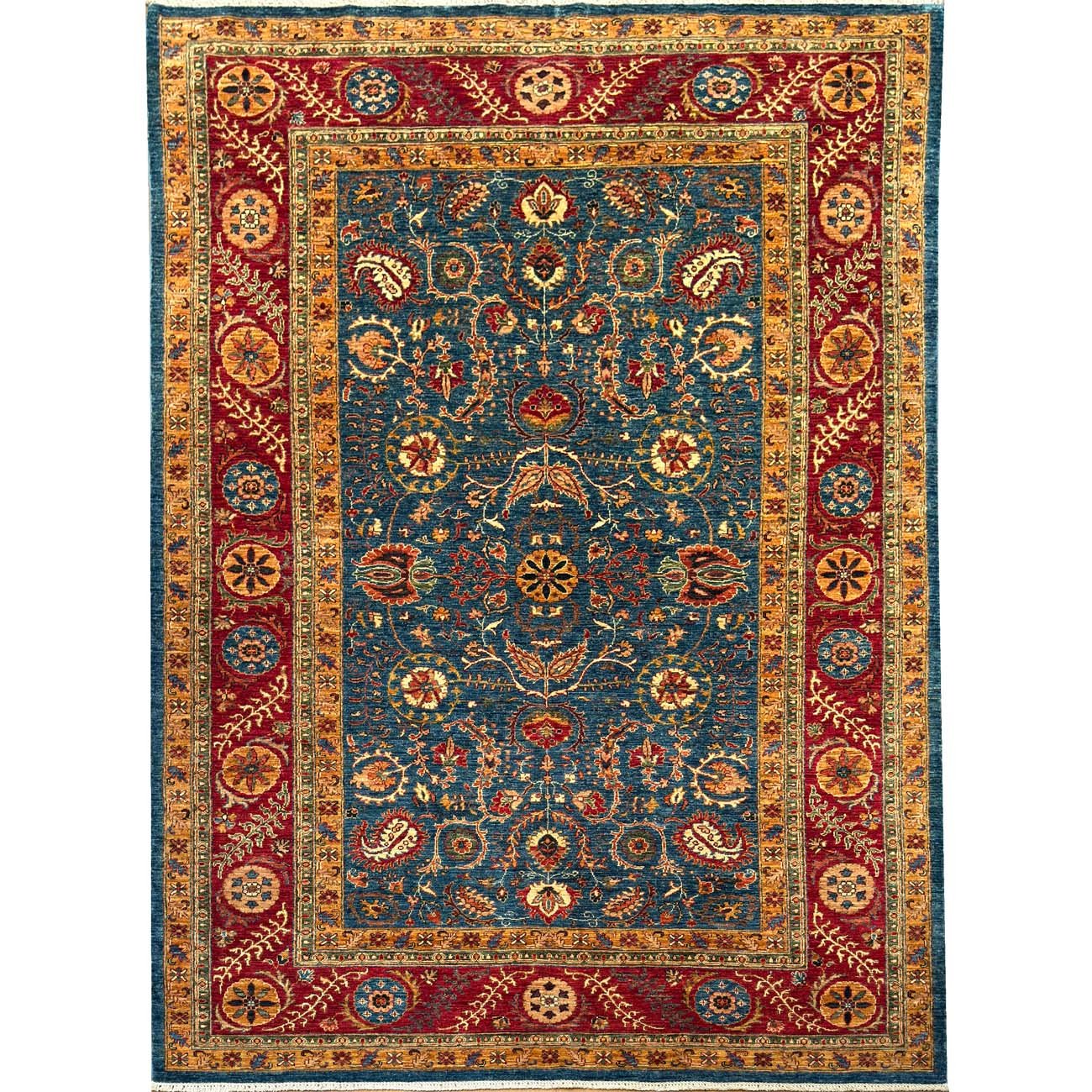 El Dokuma Mavi Floral Uşak Yün Halı (210x310 cm)