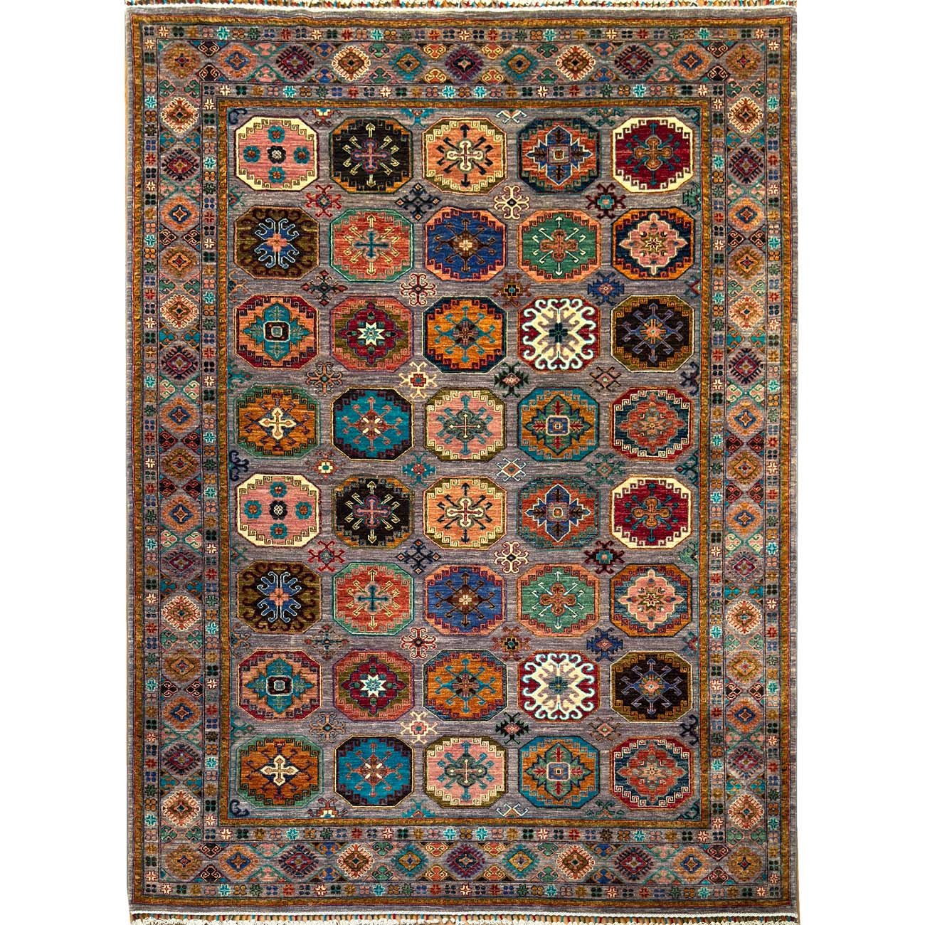 El Dokuma Gri Ersari Türkmen Yün Halı (210x295 cm)
