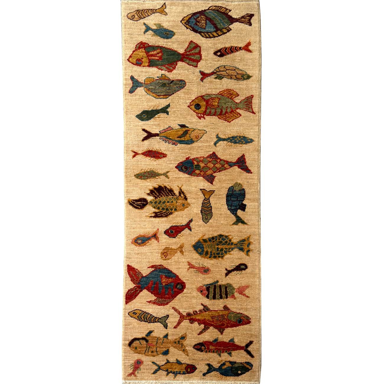 El Dokuma Balık Desenli Kabile Yün Halı (65x175 cm)
