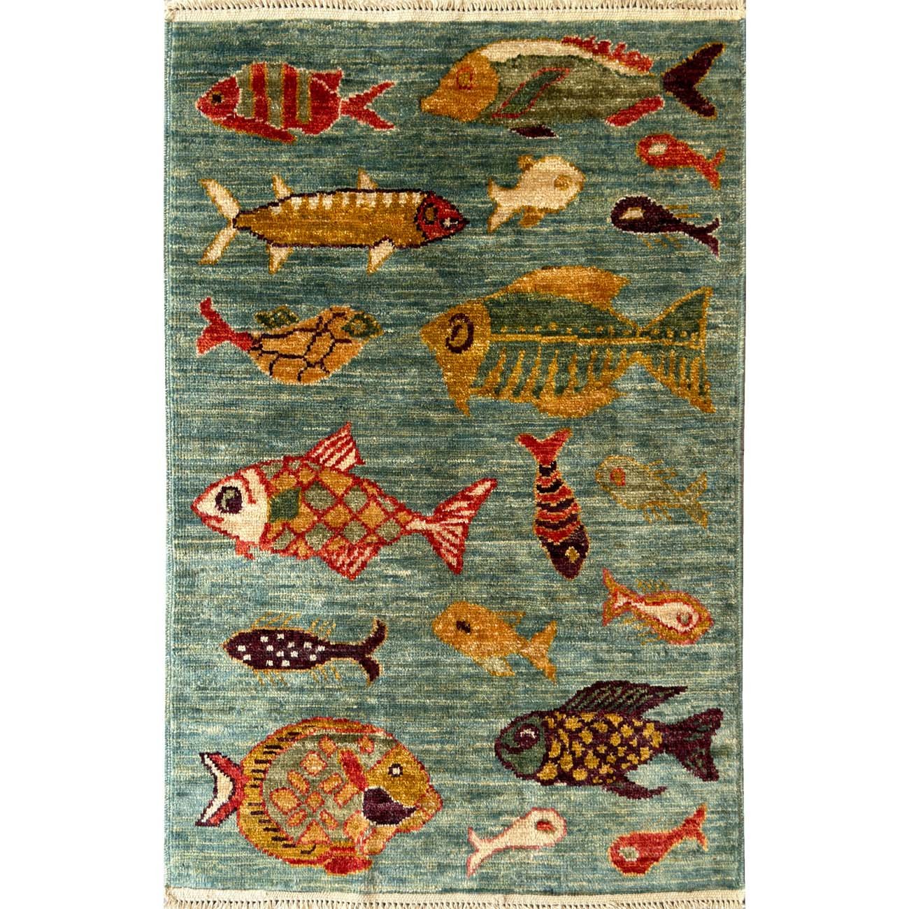 El Dokuma Balık Desenli Kabile Yün Halı (60x90 cm)