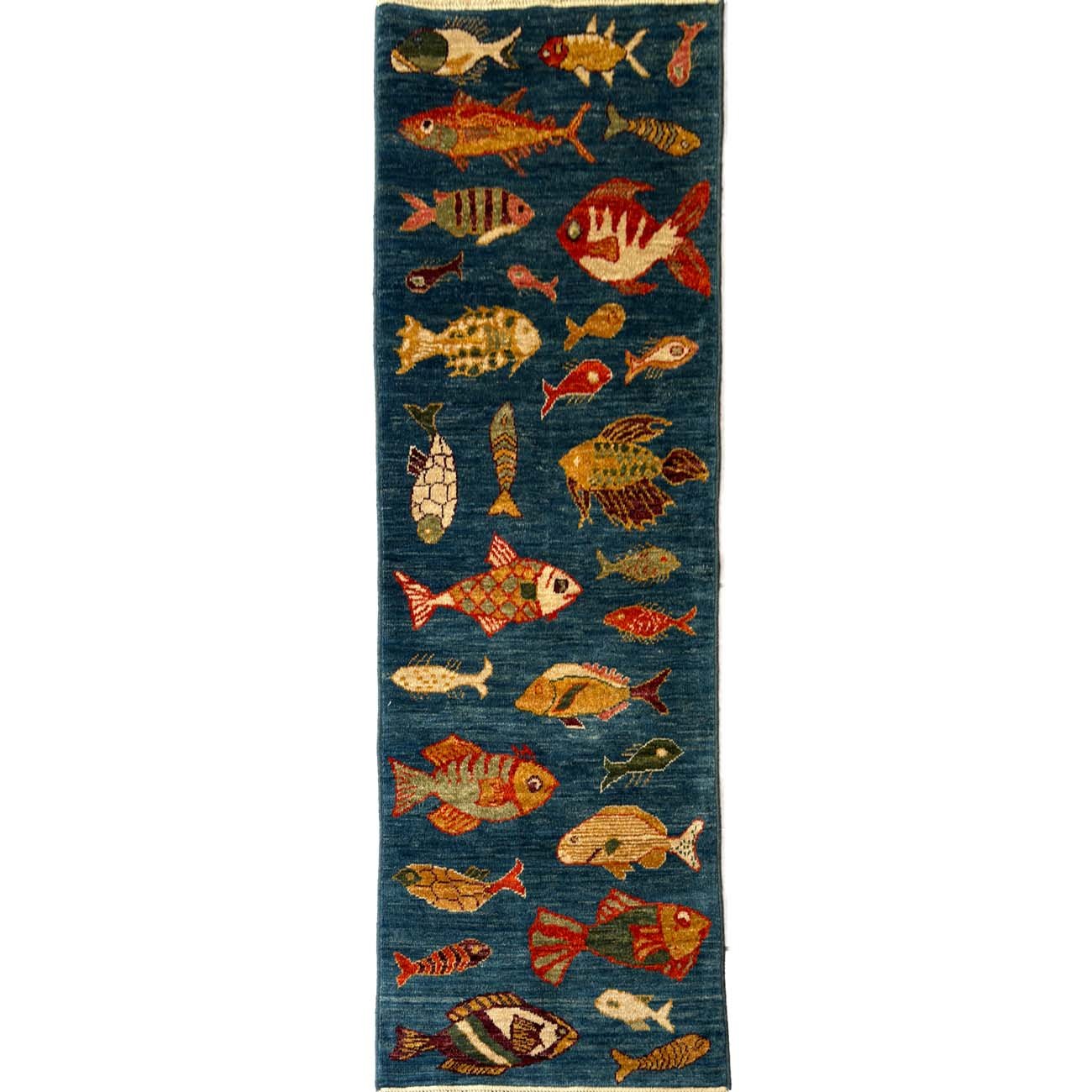 El Dokuma Balık Desenli Kabile Yün Halı (60x180 cm)